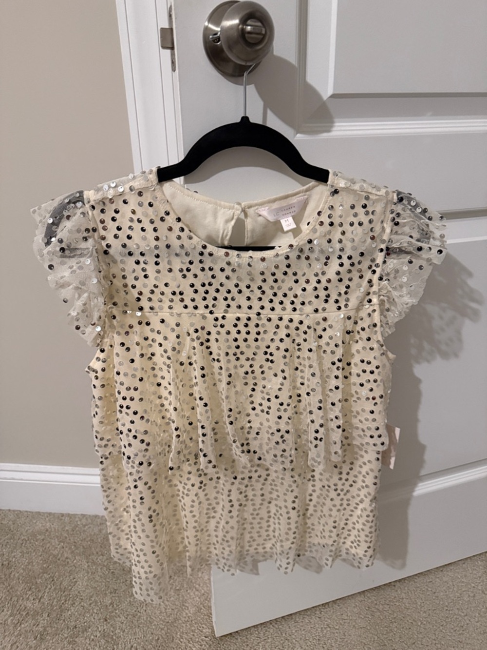 LC Lauren Conrad Cream Sequin Ruffle Cap-Sleeve Top